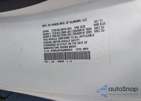 2018 Honda Odyssey Ex-L z USA, uszkodzony, nr VIN 5FNRL6H78JB055916